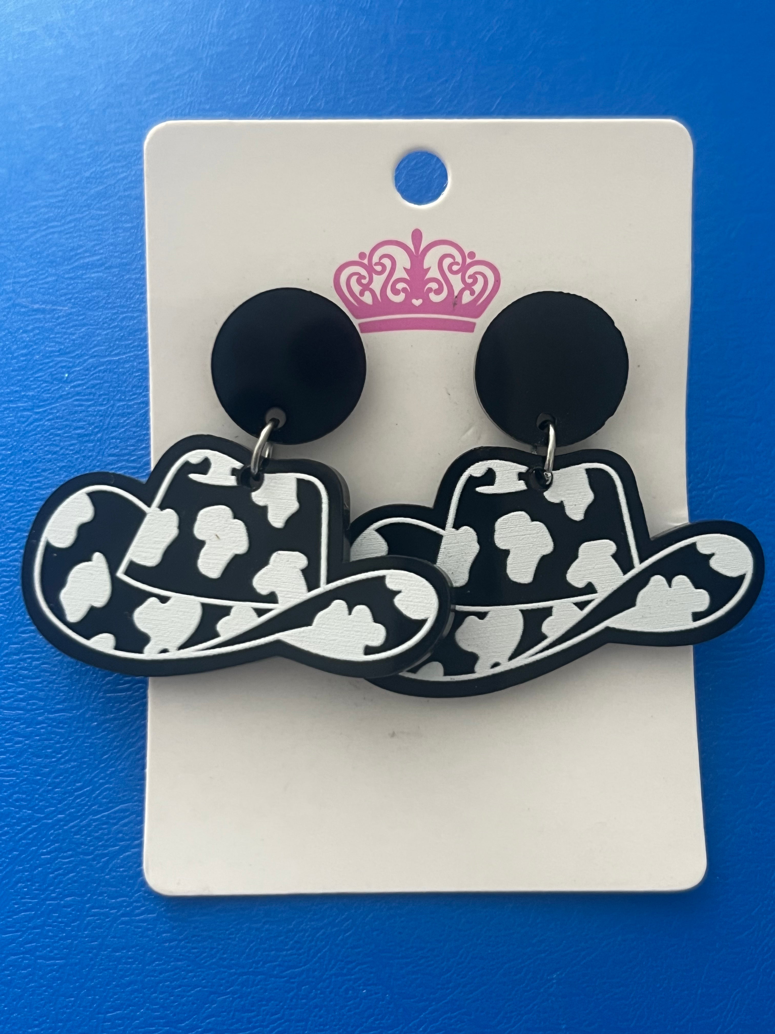 Cowboy hat cow print dangles